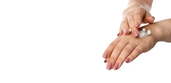 Όμορφα Γυναικεία Χέρια Κρέμα Που Απομονώνονται Λευκό Φόντο — Φωτογραφία Αρχείου
