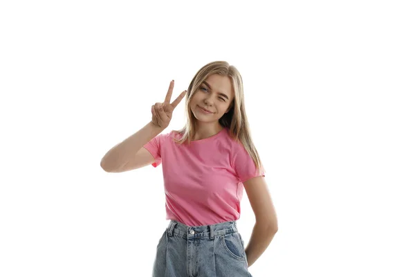 Menina Atraente Jovem Isolado Fundo Branco — Fotografia de Stock