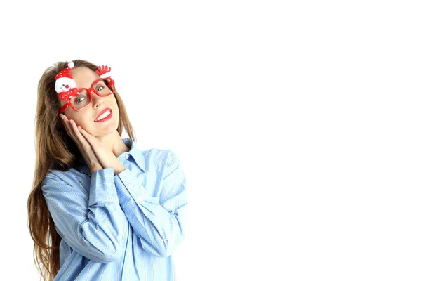 Mujer Atractiva Gafas Navidad Aisladas Sobre Fondo Blanco — Foto de Stock