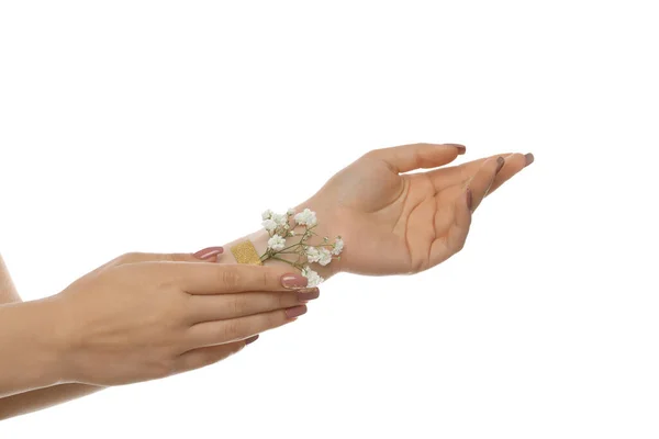 Schöne Weibliche Hände Mit Blumen Isoliert Auf Weißem Hintergrund — Stockfoto