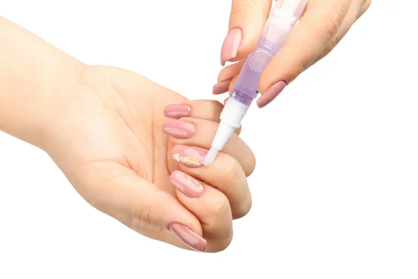 Beautiful Female Hands Cuticle Oil Isolated White Background Stock Photo