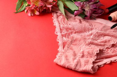 Kırmızı arka planda iç çamaşırlı kadın kıyafetleri kavramı