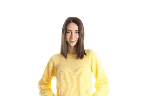Menina Atraente Suéter Amarelo Isolado Fundo Branco — Fotografia de Stock