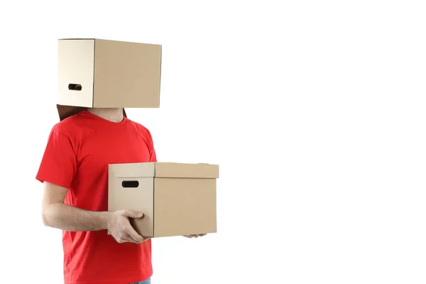 Delivery Man Box His Head Hands Isolated White Background — Stock Photo, Image