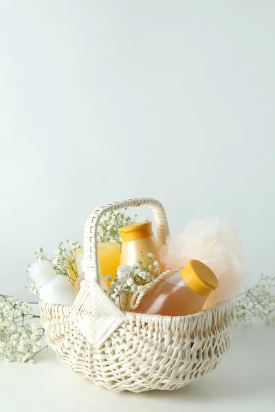 Concept Gift Basket Cosmetics White Table — Stock Photo, Image