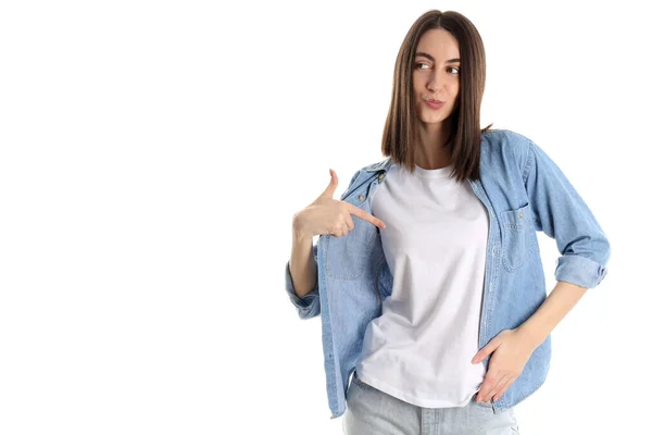 Chica Jeans Camisa Aislada Sobre Fondo Blanco — Foto de Stock