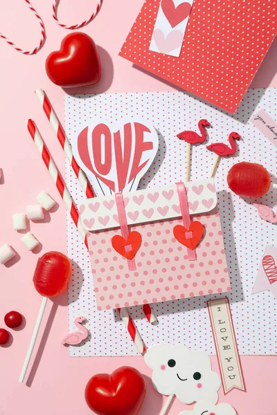 Valentinstag Accessoires Auf Rosa Hintergrund Ansicht Von Oben — Stockfoto