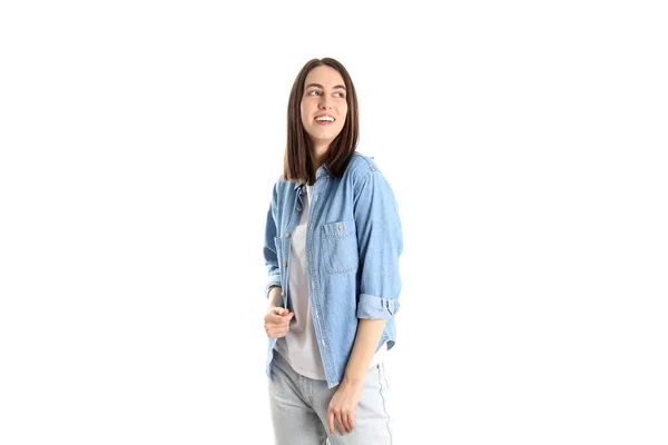Ragazza Jeans Camicia Isolata Sfondo Bianco — Foto Stock