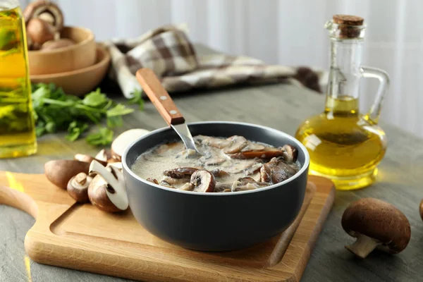 Concept Tasty Food Mushroom Sauce Gray Textured Table — Stock Photo, Image