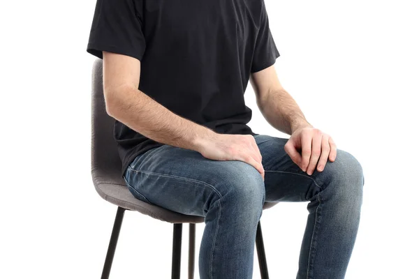 Hombre Sentado Silla Aislado Sobre Fondo Blanco Concepto Hemorroides — Foto de Stock