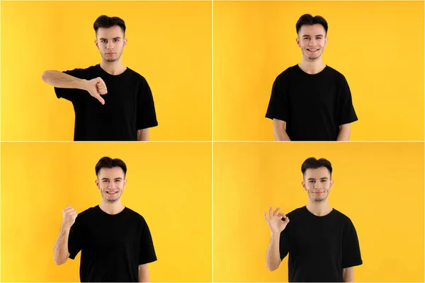 Collage Attractive Guy Yellow Background — Stock Photo, Image