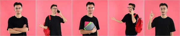 Collage Atractivo Estudiante Masculino Sobre Fondo Rosa — Foto de Stock