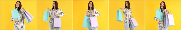 Collage Attractive Woman Shop Bags Yellow Background — Stock Photo, Image