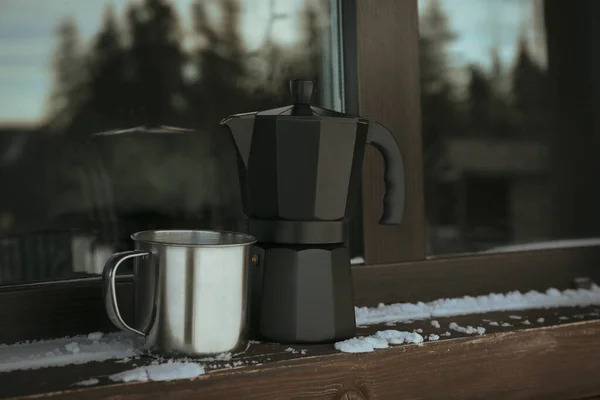 Coffee Maker Metal Cup Outdoor Windowsill — Stock Photo, Image
