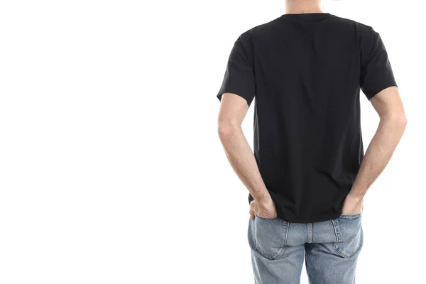 Man Blank Black Shirt Isolated White Background — Stock Photo, Image
