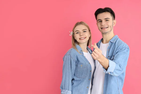 Cute Couple Finger Heart Pink Background — 图库照片