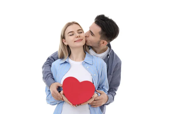 Beyaz Arka Planda Kalbi Olan Sevimli Bir Çift — Stok fotoğraf