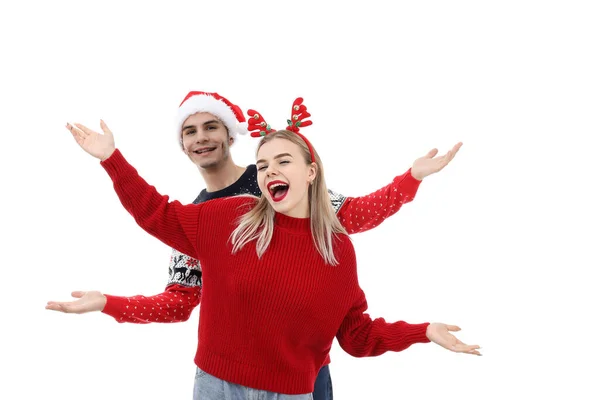Beyaz Arka Planda Izole Edilmiş Noel Elbiseli Bir Çift — Stok fotoğraf