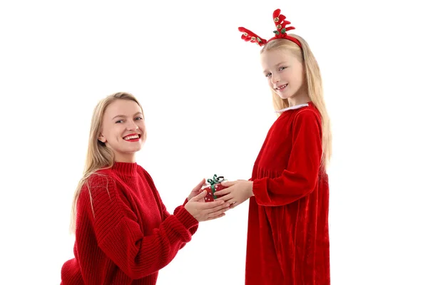 Mom Gives Gift Her Daughter Isolated White Background Stock Photo