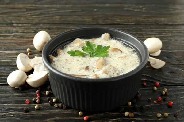 Stock image Concept of tasty food with mushroom sauce on wooden background