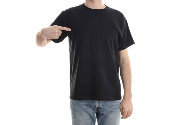Man Blank Black Shirt Isolated White Background — Stok Foto