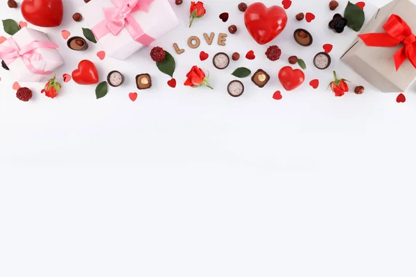 Flache Komposition Mit Valentinstag Accessoires Auf Weißem Hintergrund — Stockfoto