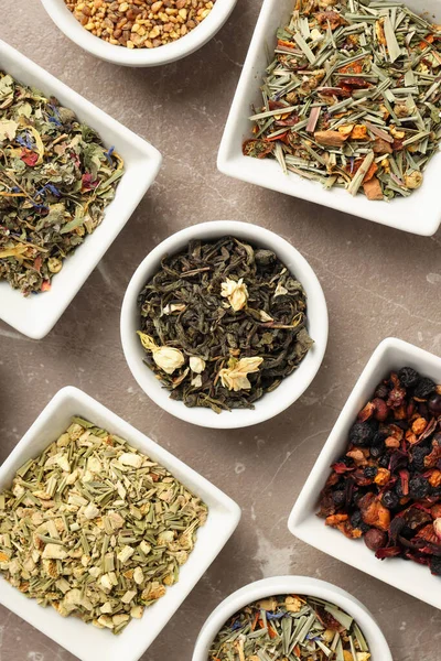 Flat Lay Different Types Tea Textured Background — Stock Photo, Image
