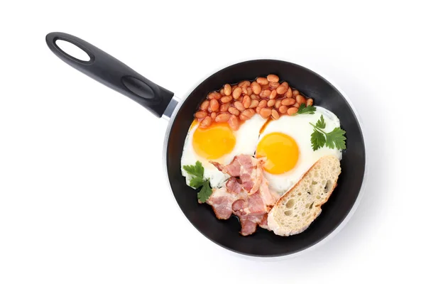 Sartén Con Sabroso Desayuno Aislado Sobre Fondo Blanco — Foto de Stock