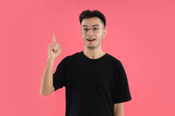 Young Man Glasses Pink Background — Stock Photo, Image