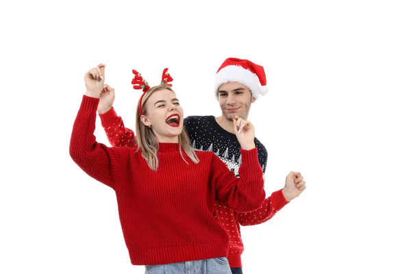 Couple Christmas Clothes Isolated White Background — Stock Photo, Image