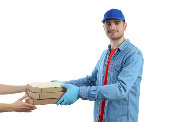 送外卖的人送披萨 背景是白色的 — 图库照片