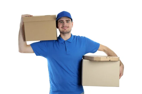 Delivery Man Holds Boxes Isolated White Background Royalty Free Stock Photos