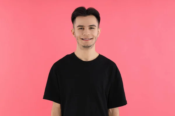 Attractive Young Man Shirt Pink Background — Stock Photo, Image