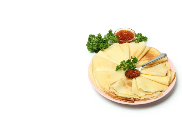 Ízletes Élelmiszerek Fogalma Fehér Alapon Izolált Palacsintával — Stock Fotó