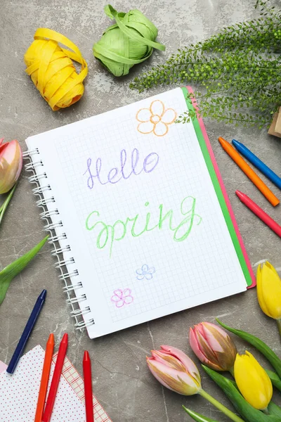 Hello Spring Concept Gray Textured Background — Stock Photo, Image