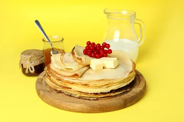 Concept Tasty Food Crepes Yellow Background — Stock Photo, Image