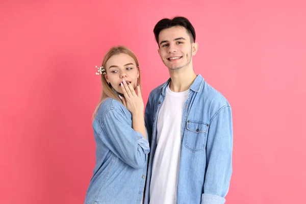 Cute Attractive Couple Pink Background — Stok fotoğraf