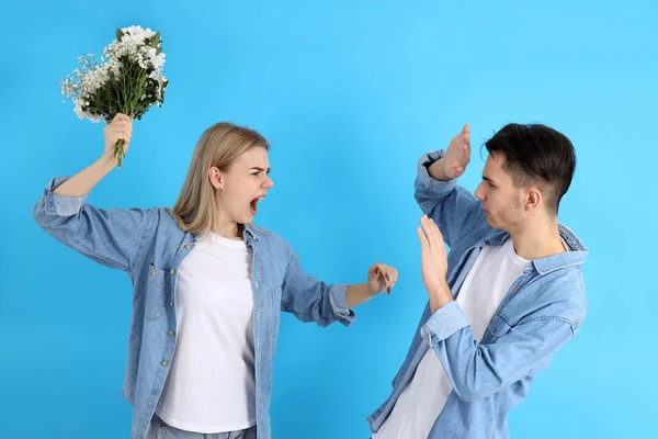 Quarrel Young Couple Blue Background — стоковое фото
