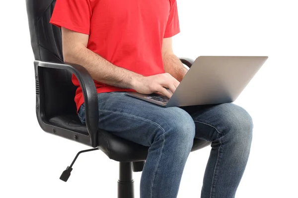 Man Laptop Sitting Chair Isolated White Background Hemorrhoids Concept — Stock Photo, Image