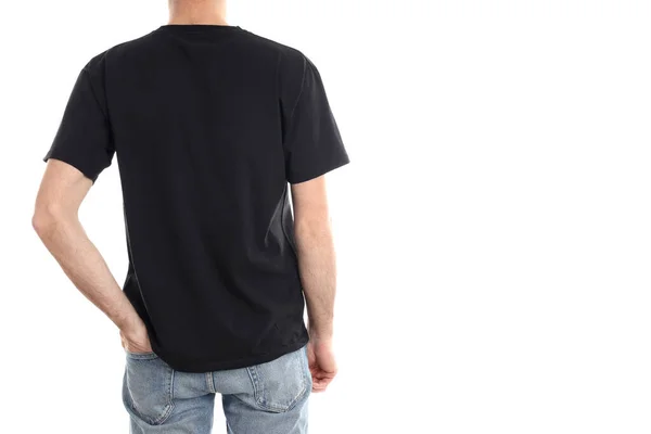Man Blanco Zwart Shirt Geïsoleerd Witte Achtergrond — Stockfoto