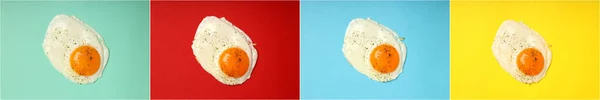 Photo Collage Fried Egg Different Backgrounds — 스톡 사진