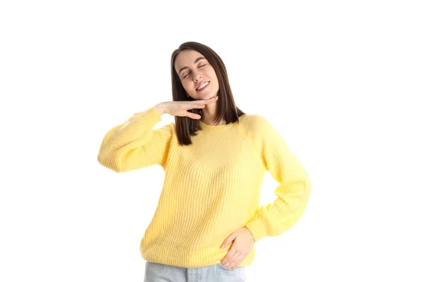 Menina Atraente Suéter Amarelo Isolado Fundo Branco — Fotografia de Stock