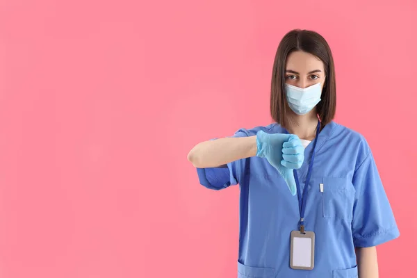 Female Trainee Nurse Gloves Mask Pink Background — Stock Photo, Image