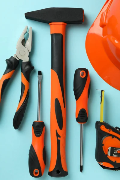 Work Tools Blue Background Top View — Stock Photo, Image