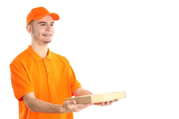 Entrega Homem Com Caixa Pizza Isolada Fundo Branco — Fotografia de Stock