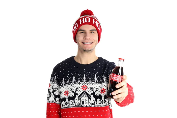 Odessa Ukraine Dezember 2021 Mann Weihnachtspulli Hält Coca Cola Flasche — Stockfoto
