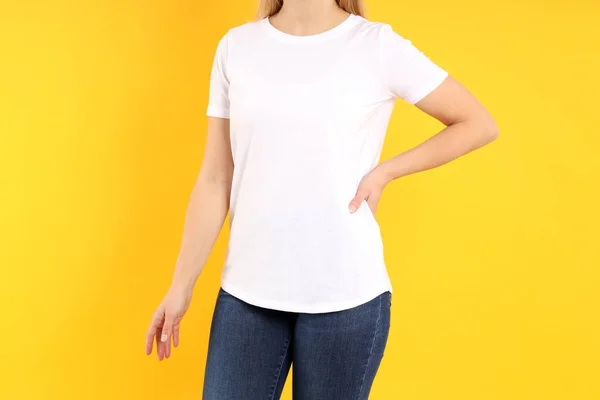 Woman Blank White Shirt Yellow Background — Stock Photo, Image