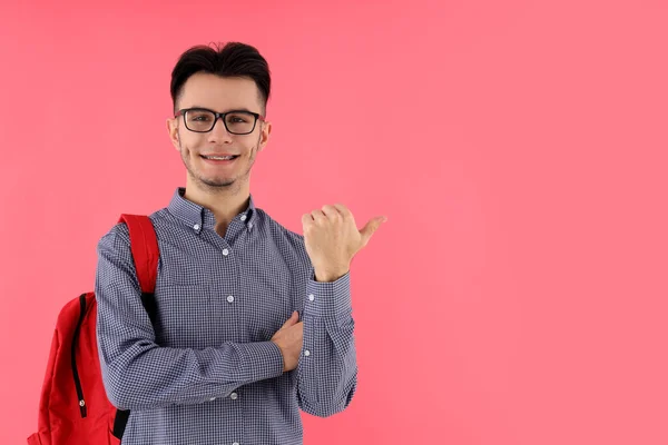 Male Student Backpack Pink Background — Stock Photo, Image