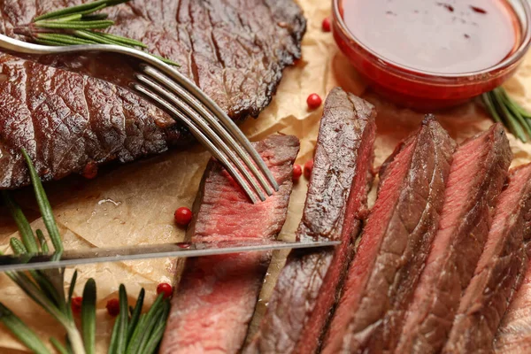 Koncept Chutné Jídlo Hovězím Steakem Close — Stock fotografie