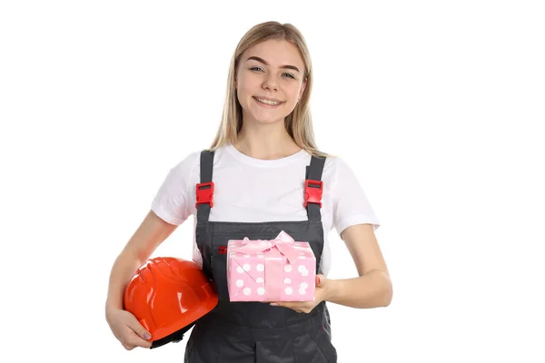Builder Fille Avec Boîte Cadeau Isolé Sur Fond Blanc — Photo